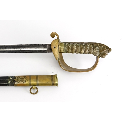 247 - British Military Naval sword by Cieve Matthews, with scabbard, wire bound shagreen grip and etched s... 