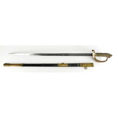 247 - British Military Naval sword by Cieve Matthews, with scabbard, wire bound shagreen grip and etched s... 