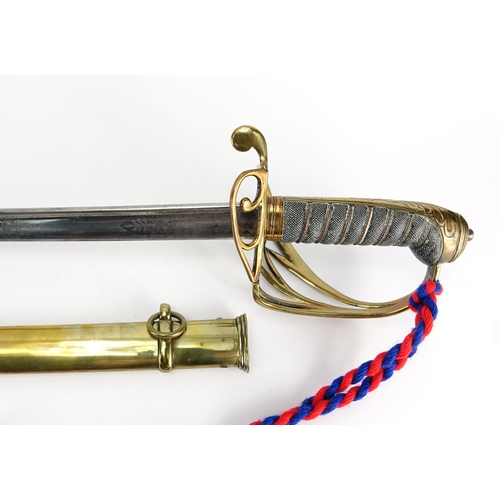 249 - Victorian British Military Infantry dress sword with scabbard and pipe back etched steel blade, 98cm... 