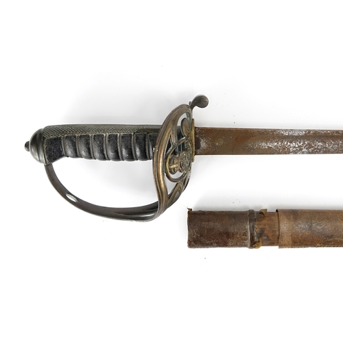 251 - British Military interest Calvary sword with scabbard and wire bound shagreen grip, 100cm in length