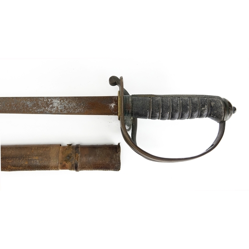 251 - British Military interest Calvary sword with scabbard and wire bound shagreen grip, 100cm in length