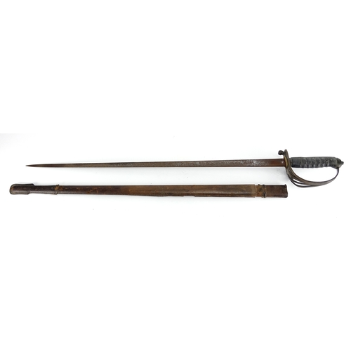 251 - British Military interest Calvary sword with scabbard and wire bound shagreen grip, 100cm in length