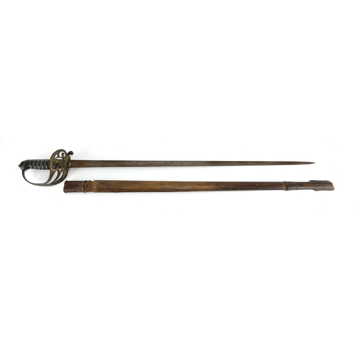 251 - British Military interest Calvary sword with scabbard and wire bound shagreen grip, 100cm in length