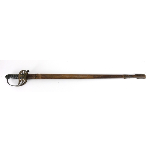 251 - British Military interest Calvary sword with scabbard and wire bound shagreen grip, 100cm in length