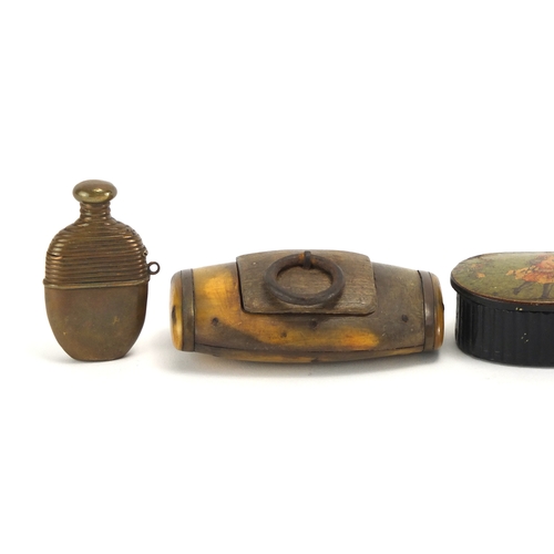 41 - Antique snuff boxes and vesta's including a brass bottle design vesta and horn snuff box, the larges... 