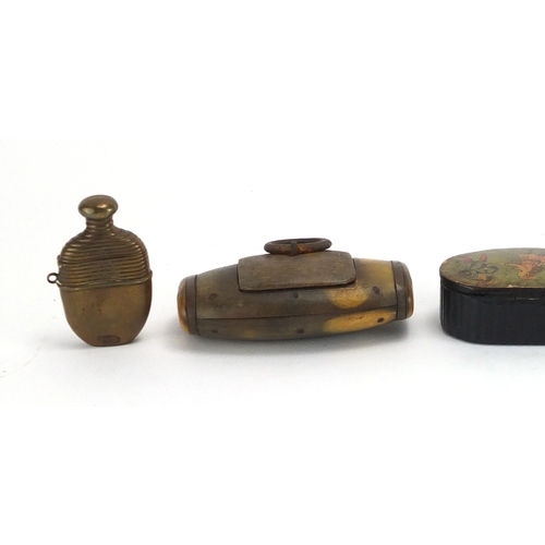 41 - Antique snuff boxes and vesta's including a brass bottle design vesta and horn snuff box, the larges... 