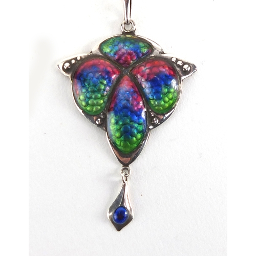 595 - Arts & Crafts silver and enamel pendant with drop on chain, Birmingham 1908, the pendant 5cm high, a... 