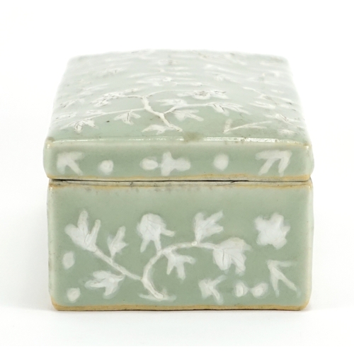 341 - Chinese celadon glazed box, with twin divisional interior decorated with flowers, 7.5cm H x 18cm W x... 