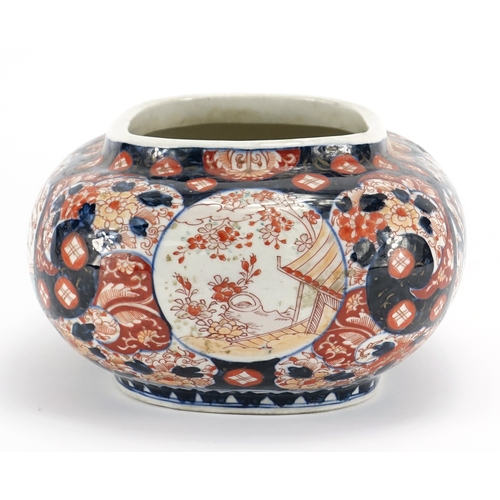 347 - Japanese Imari porcelain squatted vase, hand painted with flowers, 13cm high x 27cm wide