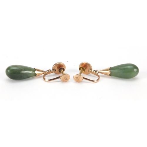 672 - Pair of Chinese 14ct gold green jade drop earrings, 3.5cm in length, approximate weight 6.0g