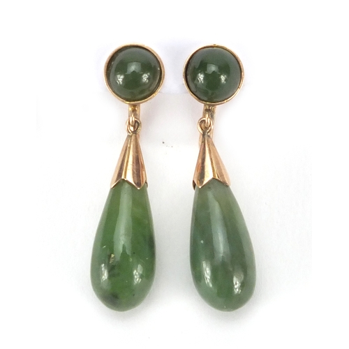 672 - Pair of Chinese 14ct gold green jade drop earrings, 3.5cm in length, approximate weight 6.0g