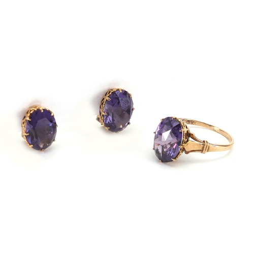 717 - 18ct gold synthetic Alexandrite ring and matching earrings, the ring size Q, approximate weight 8.3g