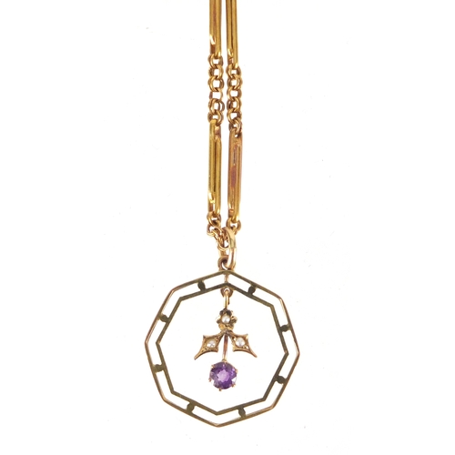 732 - Art Nouveau 9ct gold amethyst and seed pearl pendant on a 9ct gold necklace, the pendant 3cm in leng... 