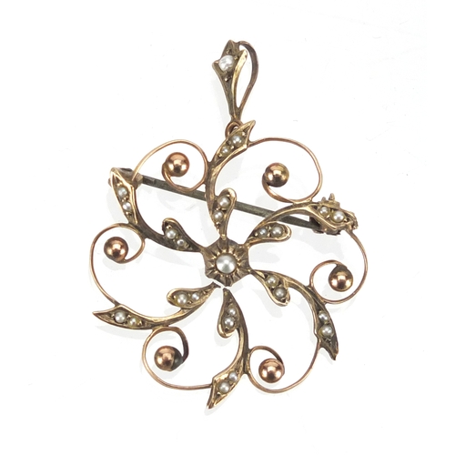 788 - Art Nouveau 9ct gold seed pearl pendant brooch, 4cm in length, approximate weight 2.7g