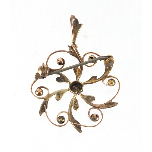 788 - Art Nouveau 9ct gold seed pearl pendant brooch, 4cm in length, approximate weight 2.7g