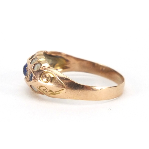 789 - Unmarked gold sapphire and diamond ring, size K, in length, approximate weight 1.2g