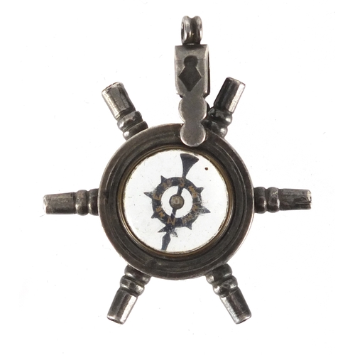 793 - Victorian silver ships wheel combination compass watch key, 3.5cm in diameter