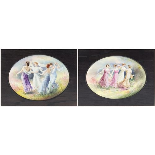 540 - Two Royal Doulton oval porcelain plaques each decorated with four maidens in a landscape, each mount... 