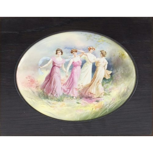 540 - Two Royal Doulton oval porcelain plaques each decorated with four maidens in a landscape, each mount... 