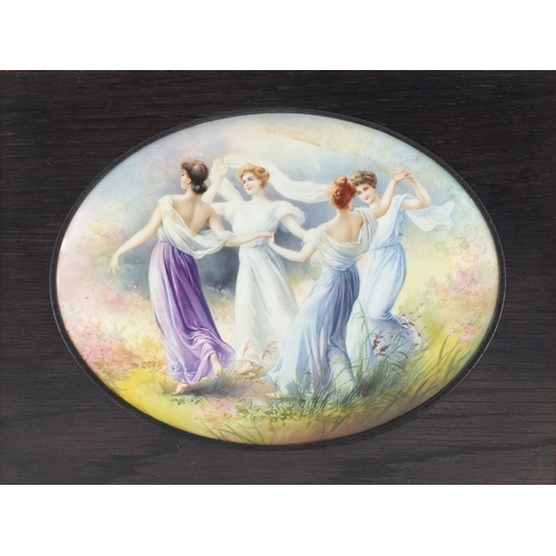 540 - Two Royal Doulton oval porcelain plaques each decorated with four maidens in a landscape, each mount... 