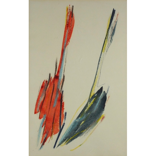 868 - William Gear - Twin flight, coloured ink and oil pastel, Gimpel Fils Gallery label verso, mounted an... 
