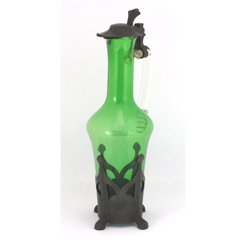 581 - Art Nouveau pewter mounted green and clear glass claret jug by Kayzerzinn, 30.5cm high
