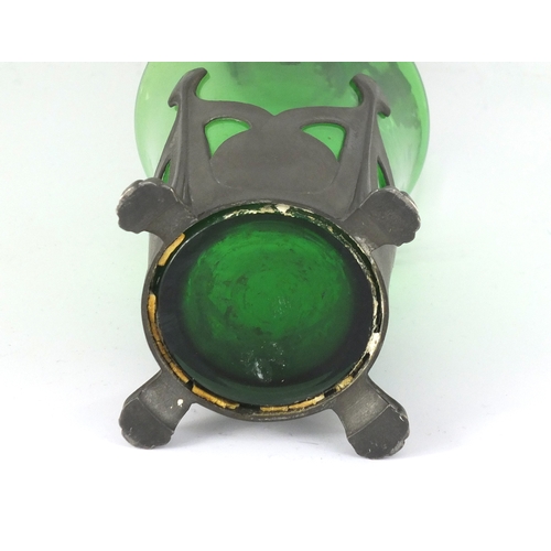 581 - Art Nouveau pewter mounted green and clear glass claret jug by Kayzerzinn, 30.5cm high