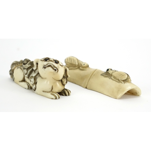 437 - ** WITHDRAWN FROM SALE ** Two Japanese carved ivory netsuke's one of a qilin and one of two crickets... 