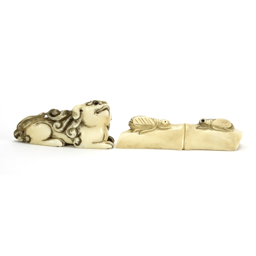 437 - ** WITHDRAWN FROM SALE ** Two Japanese carved ivory netsuke's one of a qilin and one of two crickets... 