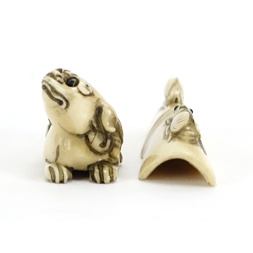 437 - ** WITHDRAWN FROM SALE ** Two Japanese carved ivory netsuke's one of a qilin and one of two crickets... 