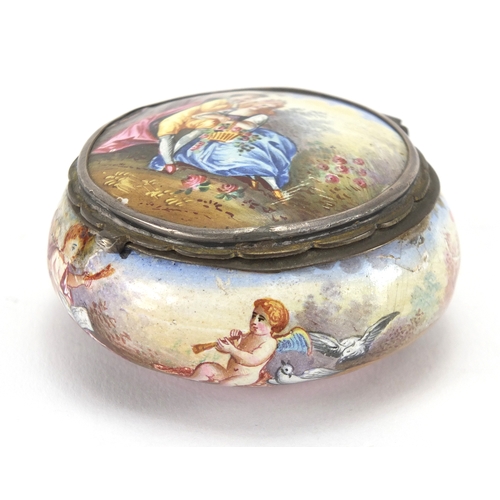 39 - Antique continental enamel box, hand painted with lovers and putti, 5.5cm in diameter