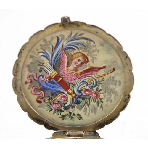 39 - Antique continental enamel box, hand painted with lovers and putti, 5.5cm in diameter