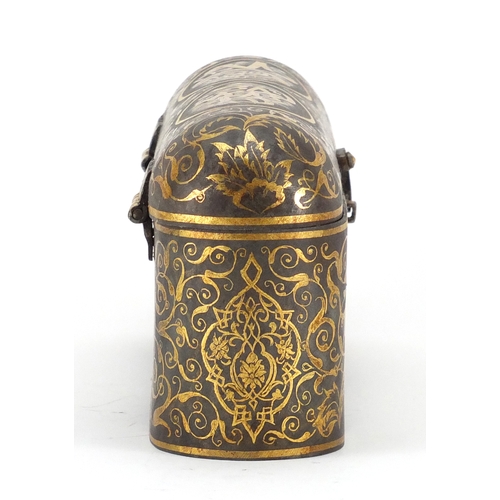 448 - Islamic iron pen box with gold inlay, decorated with script and foliate motifs, 11cm H x 24.5cm W (P... 
