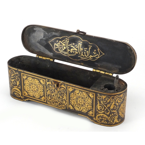 448 - Islamic iron pen box with gold inlay, decorated with script and foliate motifs, 11cm H x 24.5cm W (P... 