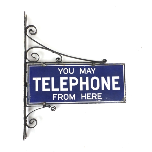 112 - Vintage You May Telephone From Here enamel advertising sign, with hanger, overall 72.5cm x 58cm