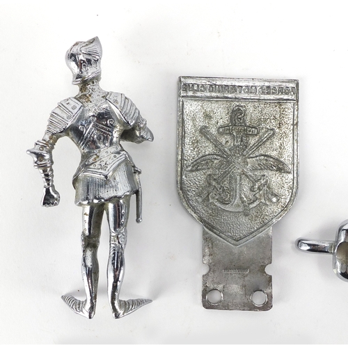 91 - Vintage Forces Motoring Club chrome and enamel radiator badge and two mascots comprising a knight in... 