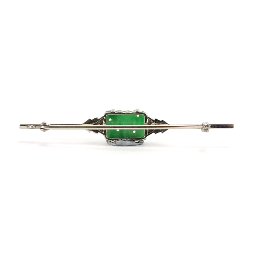 401 - Chinese 18ct white gold and platinum green jade and diamond bar brooch, 6cm in length, approximate w... 