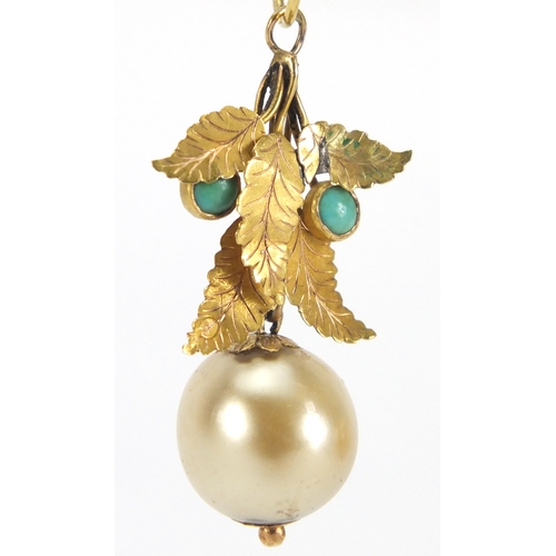 668 - Pair of 14ct gold pearl, turquoise and Mother of Pearl drop earrings, each stamped 585, housed in a ... 