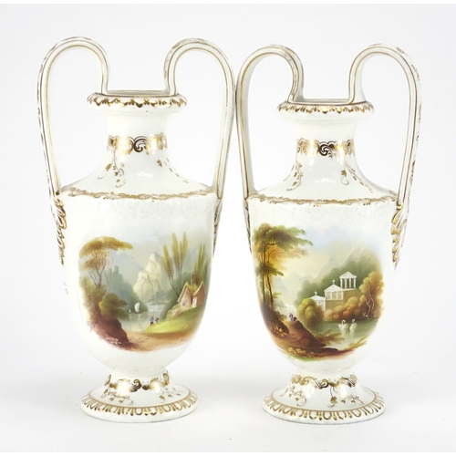 495 - Pair of Early 19th century porcelain vases with twin handles, each hand painted with pastoral scenes... 