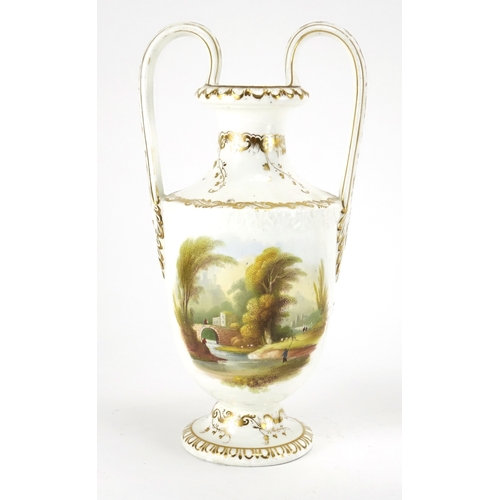 495 - Pair of Early 19th century porcelain vases with twin handles, each hand painted with pastoral scenes... 