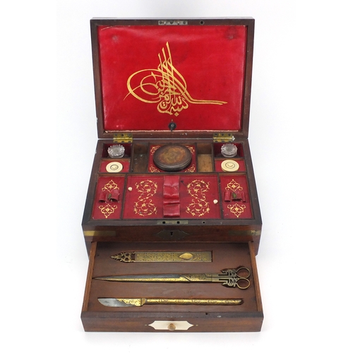 447 - Turkish Ottoman calligraphy writing box housing iron paper scissors, maktas and a penknife with gold... 