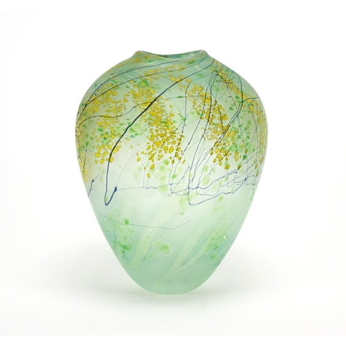 2142 - Green art glass vase with yellow flecking, indistinctly signed around the foot rim, 18cm high