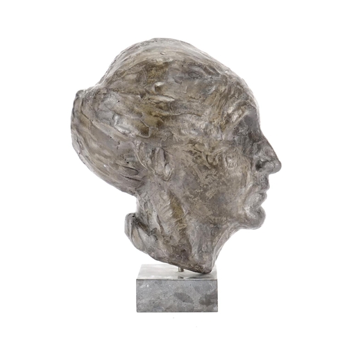 2178 - Bronze half head bust of a female, raised on a square slate base, overall 32cm high
