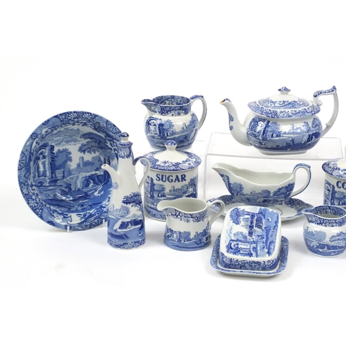 2113 - Spode Italian pattern including three storage jars, teapot, gravy boat on stand, jugs and bowls