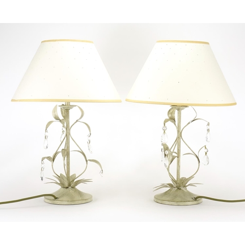 2140 - Pair of Laura Ashley Home naturalistic table lamps with glass drops and cream shades, each 44cm high