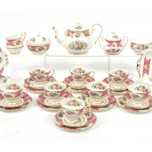 2070A - Royal Albert Lady Carlyle eight place tea service including teapot, lidded sugar bowl and milk jug