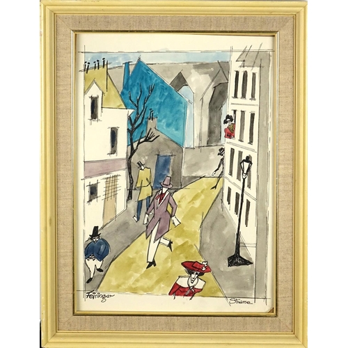 2228 - Street scene with figures, ink and watercolour, bearing a signature Feininger, mounted and framed, 3... 