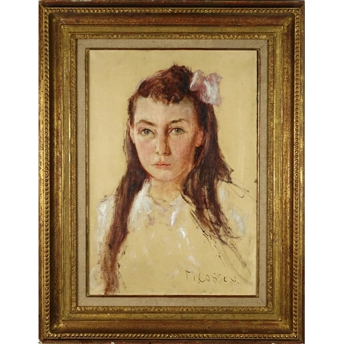 2065 - Head and shoulders portrait of a young girl, oil on canvas, bearing a signature M Cosson, mounted an... 