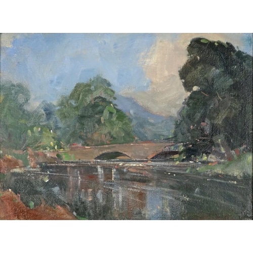 2107 - Bridge over water, impressionist oil on canvas board, bearing an indistinct signature, framed, 39cm ... 