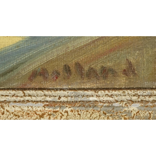 2174 - Holland - Figure before a village, oil on board, label verso, framed, 54.5cm x 37cm